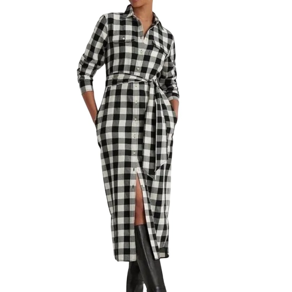 Lauren Ralph Lauren Womens Buffalo Check Belted Twill Shirtdress Black White 12